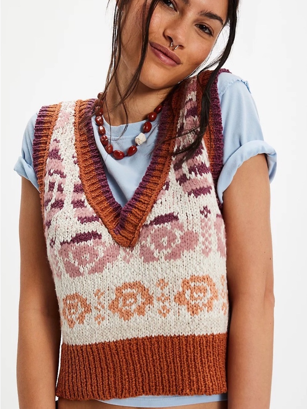 Free People Notes of Rose Sold Out Knit V-Neck Sweater Vest in Cream and Rust XS